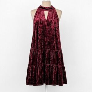 Crushed Velvet Tiered Halter Mini Dress Size S Burgendy Dark Romantic Vampy Goth